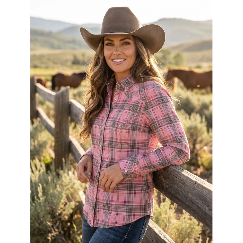 Title: Rock 47 by Wrangler Women's Large Pink Plaid Western Pearl Snap Shirt Cow